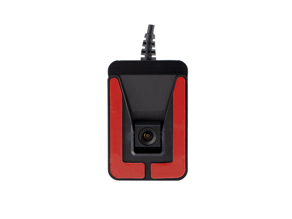 Small black and red electronic device. ADAS Camera.