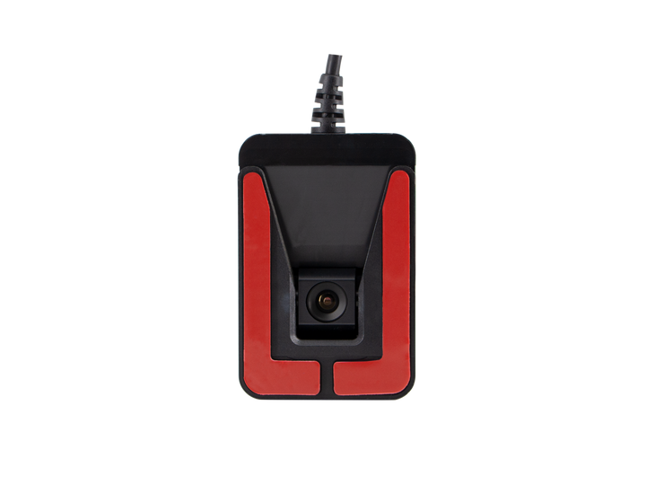 Small black and red electronic device. ADAS Camera.