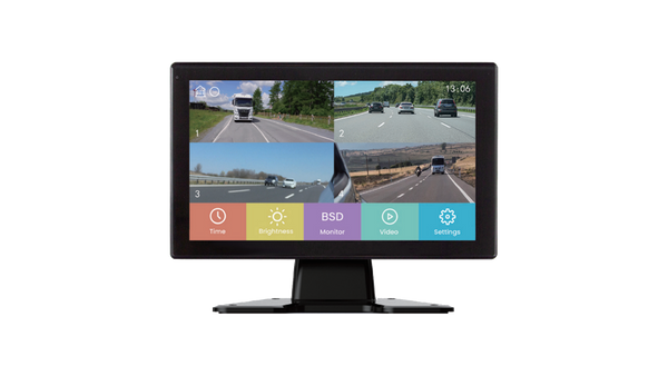 Monitor displaying multiple video feeds of a road with traffic and navigation interface. Blind Spot Screen.